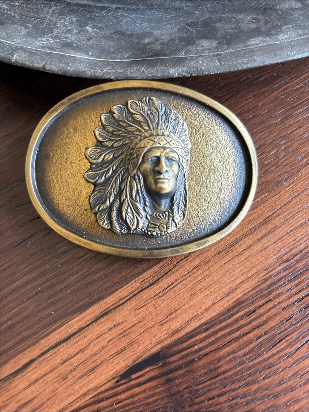 Vintage Solid Brass Belt Buckle, Indian Chief Headdress, Oval, Native American
